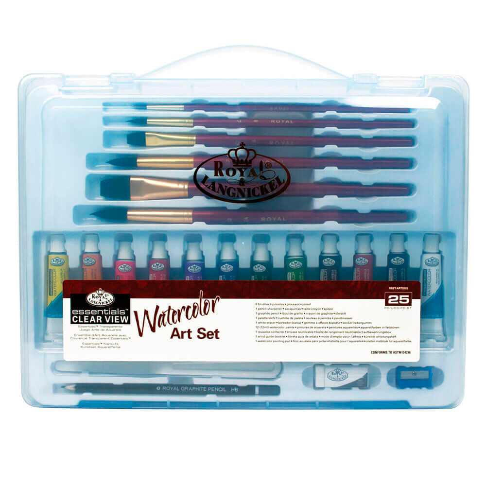 Mini-Maleta-Transparente-para-Aquarela-Essencial-Clear-ViewWatercolor-Art-Set-l-com-25-Pecas