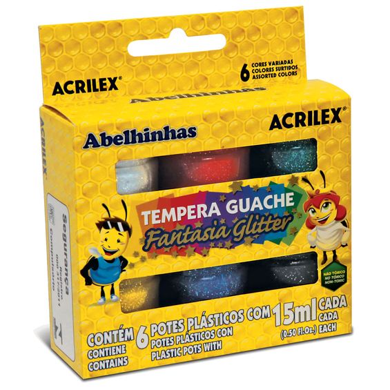Tempera Guache Fantadia Glitter Acrilex kit com 6 Cores com 15 ml Cada - 02001