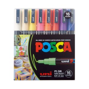 Kit-de-Canetas-Posca-Uni-Ball-PC-3M-Ponta-Conica-Poliester-0-9---1-3-mm-Sortidas-com-16-Unidades