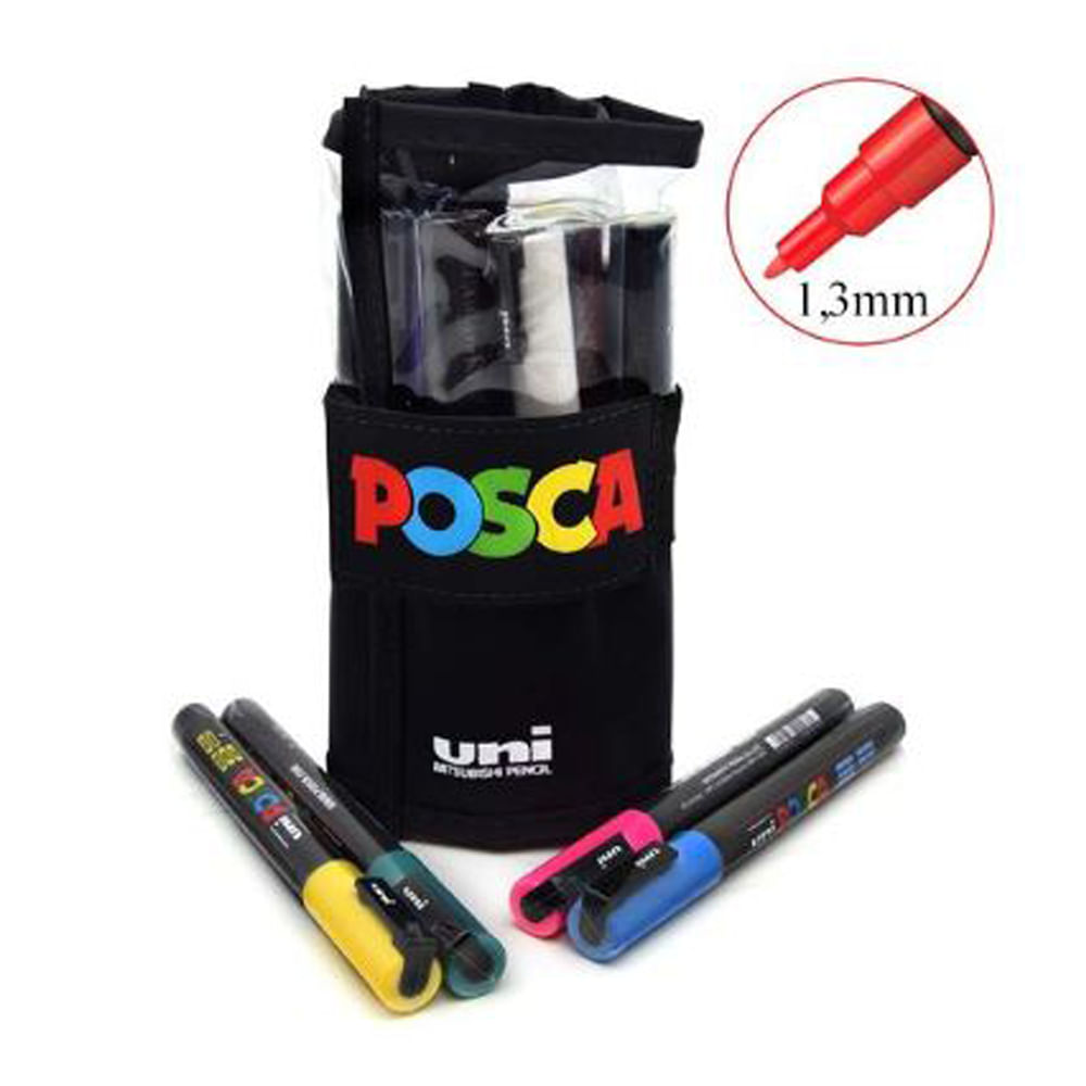 Kit-de-Canetas-Posca-Uni-Ball-PC-3M-Ponta-Conica-Poliester-Rollerset-13-mm-Sortidas-com-12-Unidades