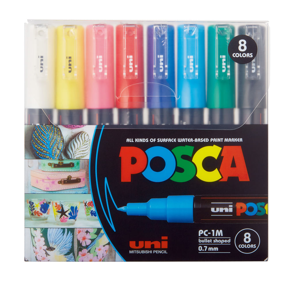 Kit-de-Canetas-Posca-Soft-Uni-Ball-PC-1M-Ponta-Conica-Poliester-07-mm-Sortidas-com-8-Unidades