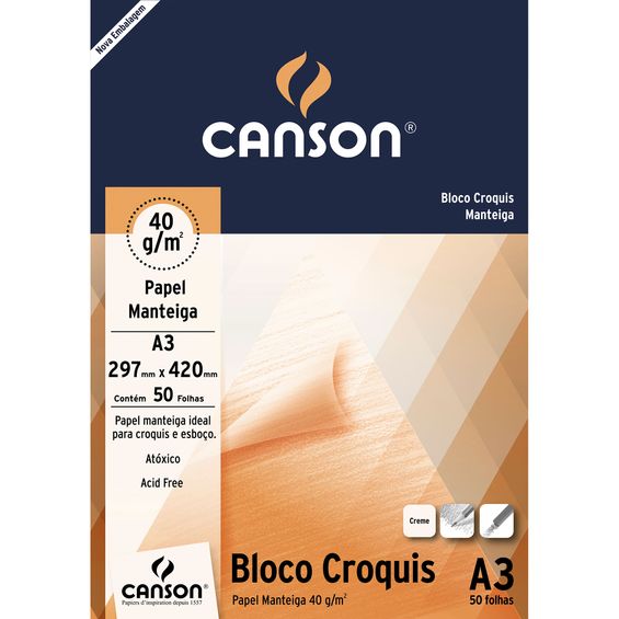 Bloco Canson para Desenho Croquis Manteiga 40g/m² A3 297 x 420 mm com 50 Folhas - 66667047