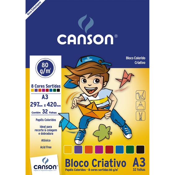 Bloco Canson Linha Infantil Colorido Criativo 80/m² A3 297 x 420 mm com 32 Folhas e 8 cores - 66667089