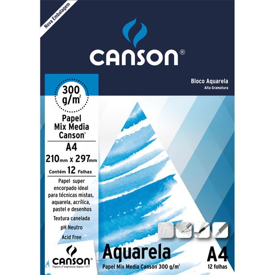 Bloco Canson Aquarela Mix Media Linha Universitária 300gr A4 com 12 Folhas - 66667180