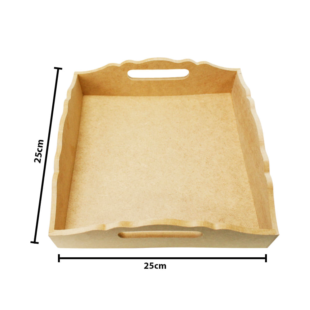 Bandeja Decorada Pequena com Alça de Madeira Crua MDF Medida 25 x 25