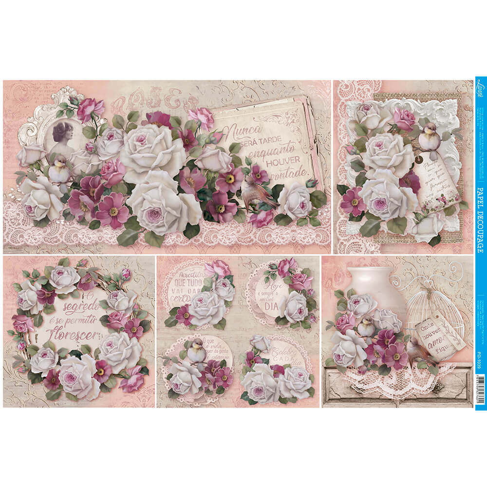 Papel para Decoupage Litoarte 49 x 34,3 cm - Modelo PD-1039 Flores e Frases  - Shopping do Artesanato