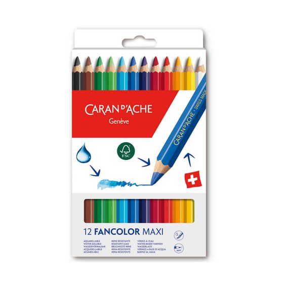 Lápis Aquarelável Jumbo Caran d'Ache Fancolor com 12 Cores - 498.712