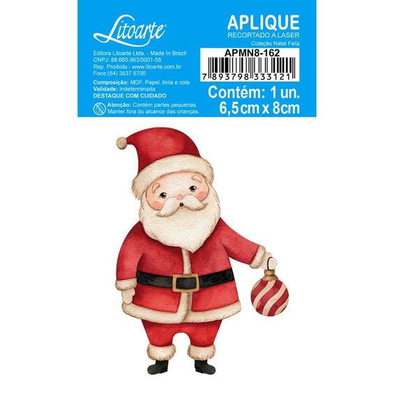 Aplique MDF e Papel Litoarte Natal Feliz Papai Noel  8 cm - APMN8-162