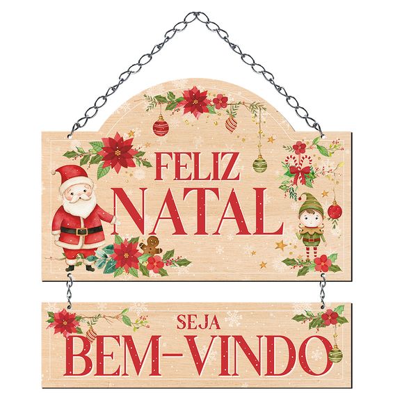 Placa Decorativa com Corrente Litoarte Feliz Natal - Seja Bem Vindo 29x34cm - Dhn-047