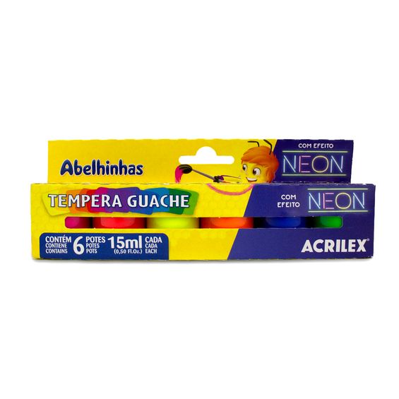 Tempera Guache Acrilex Neon com 6 Cores 15ml Cada - 01006